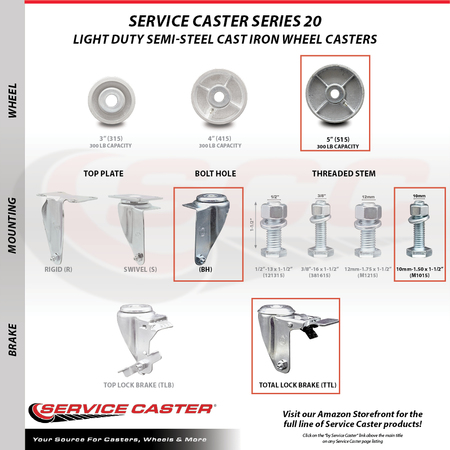 Service Caster Semi Steel Swvl TS Caster w/RB w/5" Wheel&10mm Stem-4 Swvl w/TTL BRK, 4PK SCC-TSTTL20S515-SSR-M1015-4